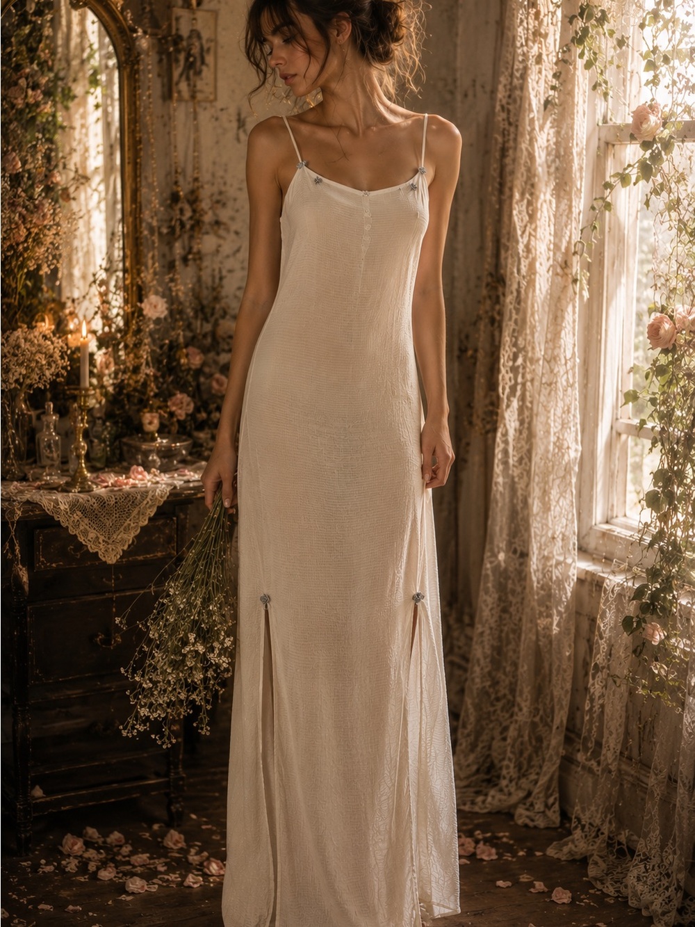 Cecilia Marchiaro Sheer Silk Slip Dress Cream Maxi Side Slit Boudoir Fairy Small